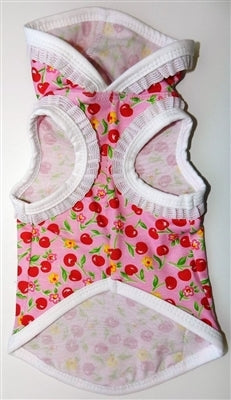 Cherry Ruffle  Hoodie - Pink Cherry Print, White Lace