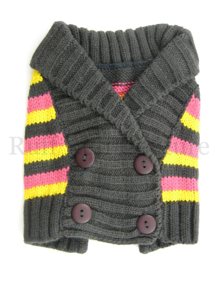 Shawl Collar Double Breasted Sweater (Grey-Pink-Yellow Stripes)
